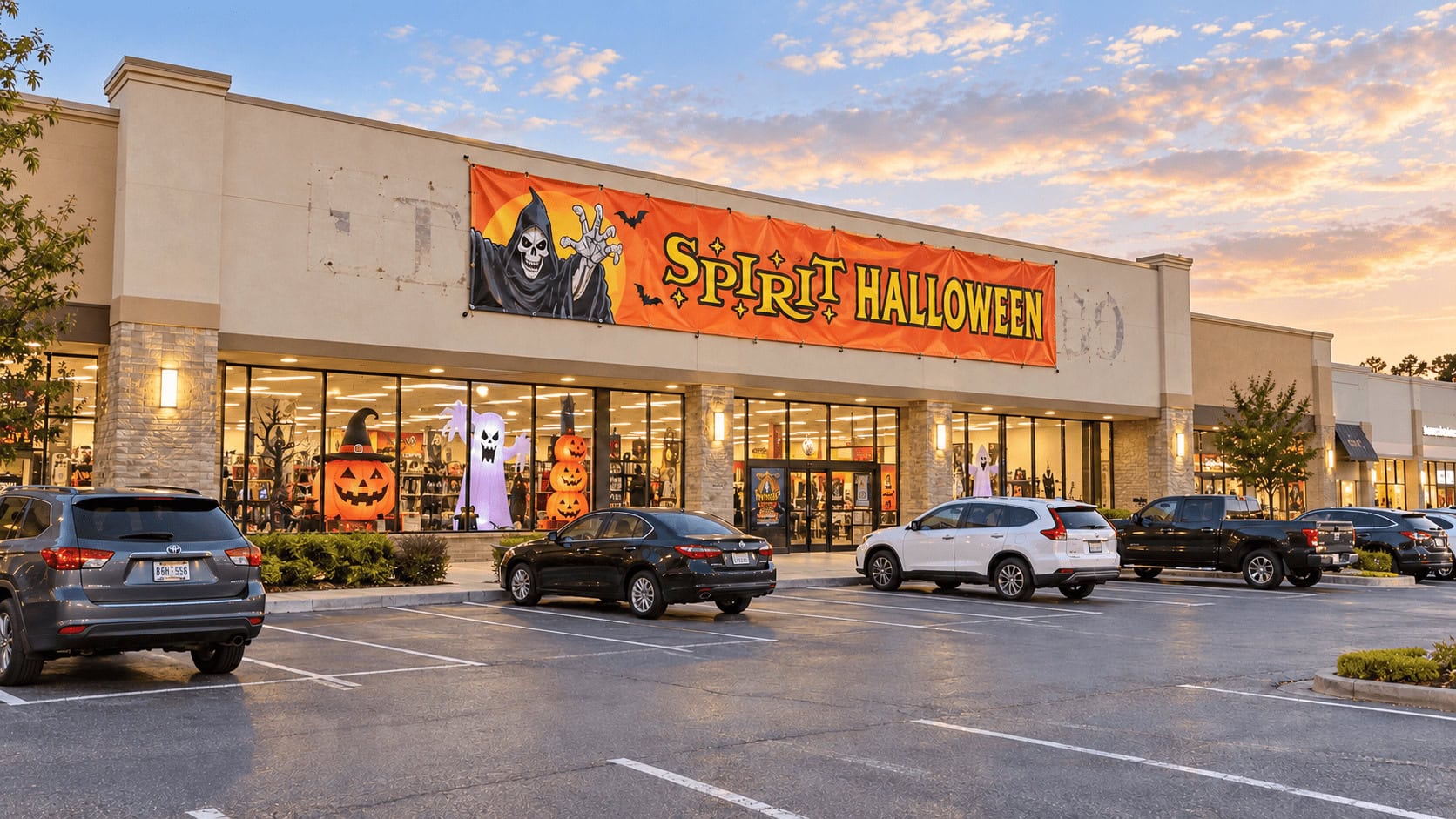 Un cartel de Spirit Halloween colgaba sobre el letrero descolorido de una antigua gran superficie comercial en un centro comercial suburbano al anochecer