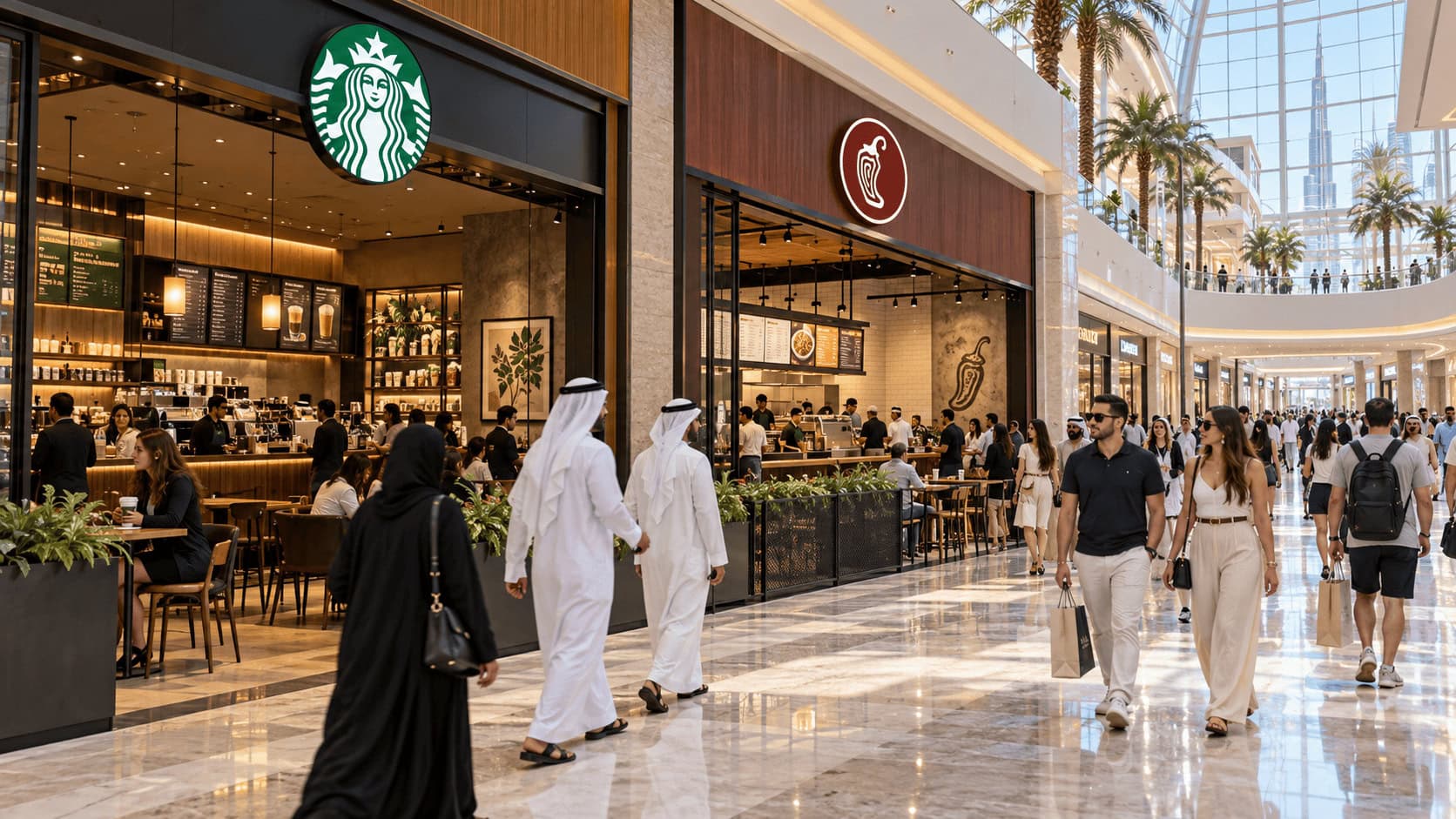 Un Starbucks y un Chipotle uno al lado del otro en un concurrido centro comercial de Dubái.