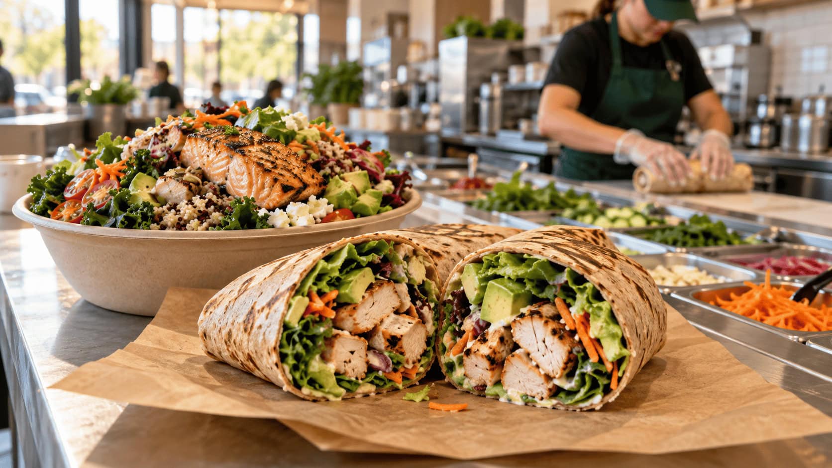 Un wrap de pollo a la parrilla cortado por la mitad sobre el mostrador de un restaurante de comida rápida informal, con un gran tazón de ensalada y una cadena de montaje detrás.