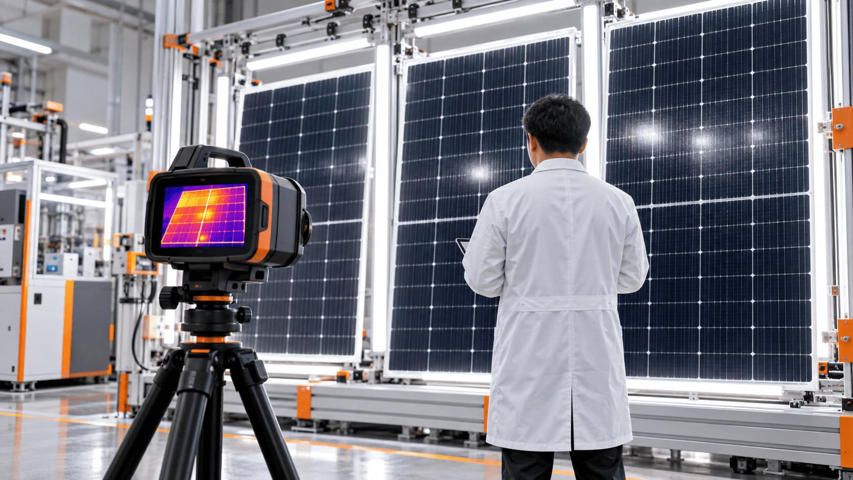 Técnico con bata blanca inspeccionando grandes módulos solares bajo brillantes luces de prueba LED en un laboratorio de una fábrica de energía solar
