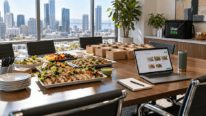 Catered lunch trays on a conference room table with an open laptop showing a catering order and an Uber Eats delivery bag nearby