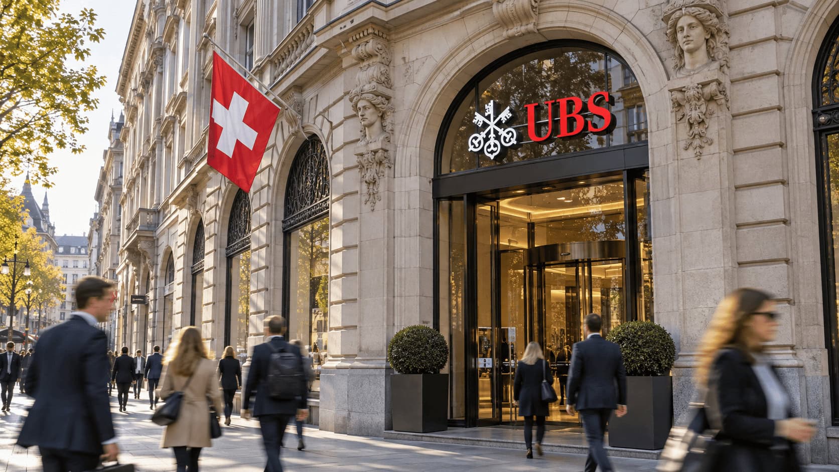 UBS headquarters entrance in Zurich with the Swiss flag and the bank’s logo above the arched doorway