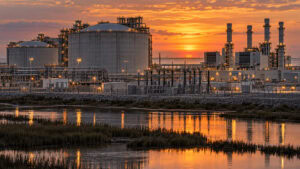 Terminal de exportación de GNL en la costa de Luisiana al atardecer, con tanques de almacenamiento y una central eléctrica de gas en las instalaciones detrás de la valla