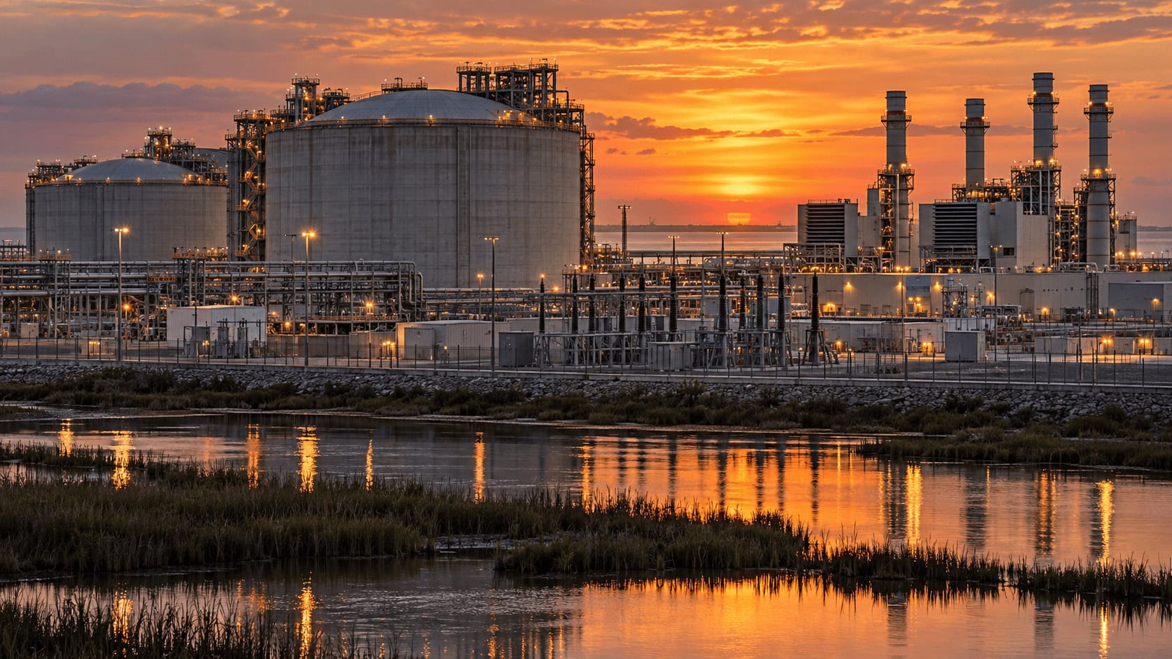 Terminal d'exportation de GNL sur la côte de la Louisiane au crépuscule, avec des réservoirs de stockage et une centrale électrique au gaz sur place, derrière la clôture
