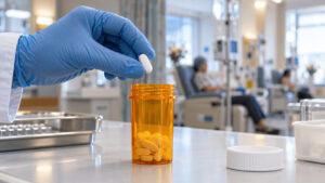 Pharmacist holding a single oral cancer tablet over a prescription bottle at a hospital pharmacy counter