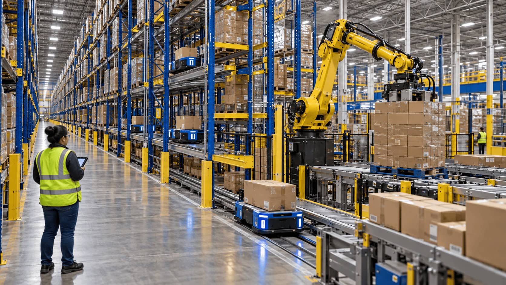 Robots moviendo cajas a través de estanterías de almacenamiento que van desde el suelo hasta el techo dentro de un centro de distribución de Walmart