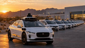 Row of white Waymo robotaxi vans with roof sensors parked outside an Arizona vehicle integration plant at dusk