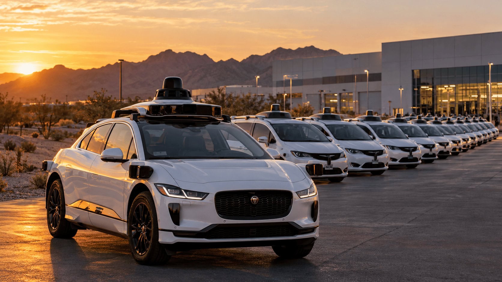 Fila de furgonetas robotaxis blancas de Waymo con sensores en el techo estacionadas frente a una planta de integración de vehículos en Arizona al anochecer