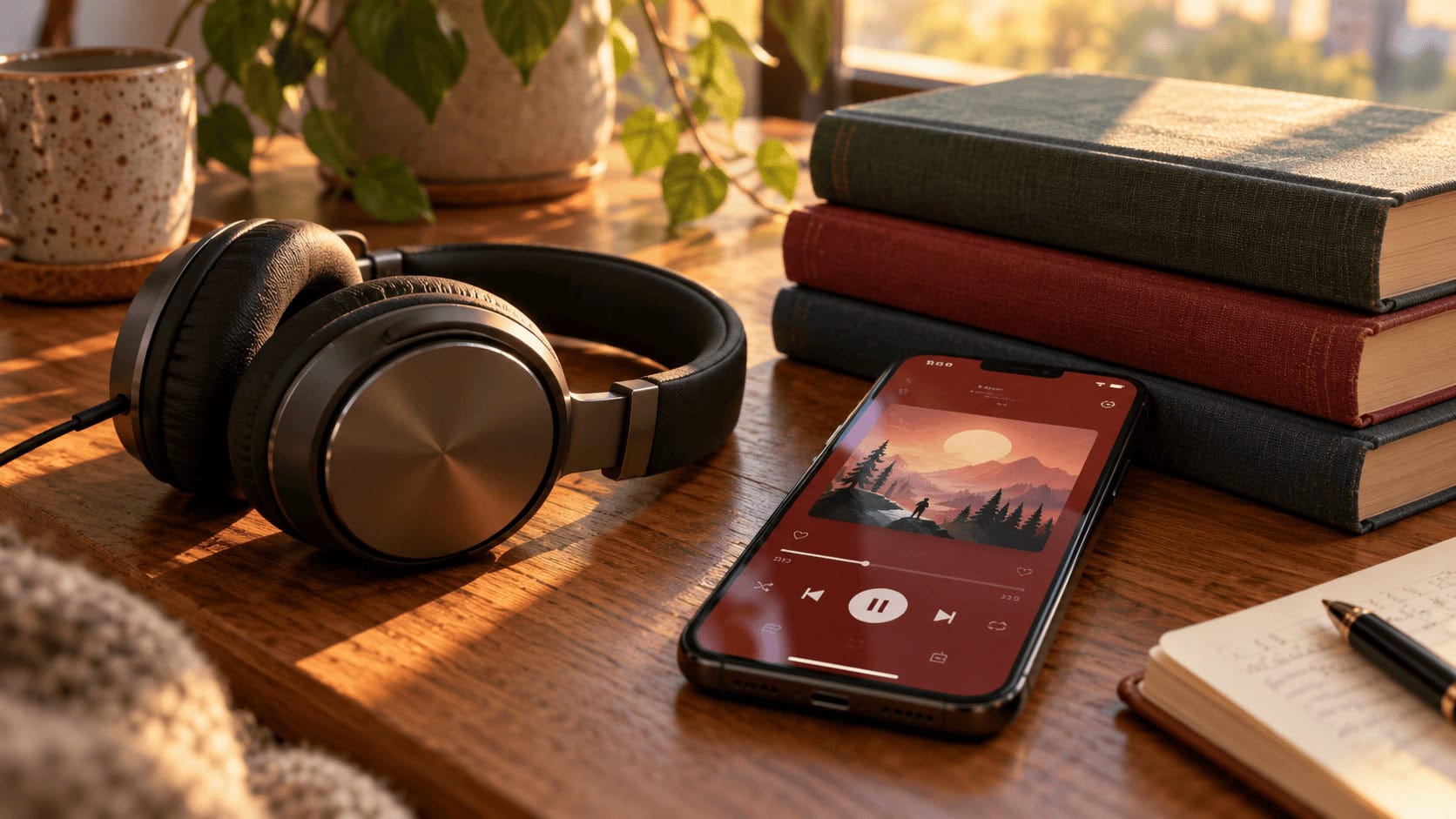 Over-ear headphones resting beside a smartphone playing an audiobook on a video app, with a stack of hardcover books on a desk